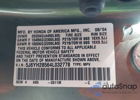2004 Honda Element Ex из США, поврежденный, VIN 5J6YH28564L032778